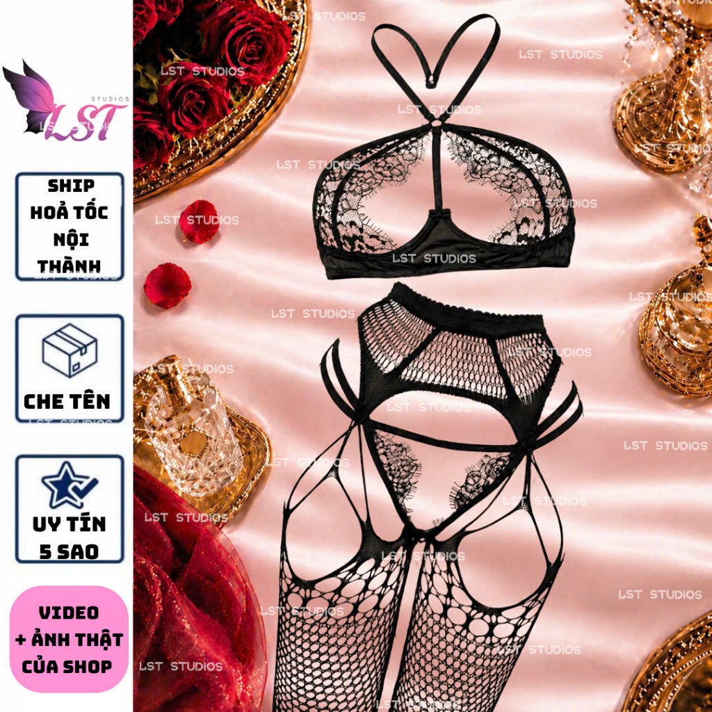 QR19976 Nội Y Cổ Yếm Đáp Ren Mềm Mại Có BIGSIZE [Black Rose Seduction] Đồ Lót Ren Thiêu Đốt Gợi Cảm | BigBuy360 - bigbuy360.vn