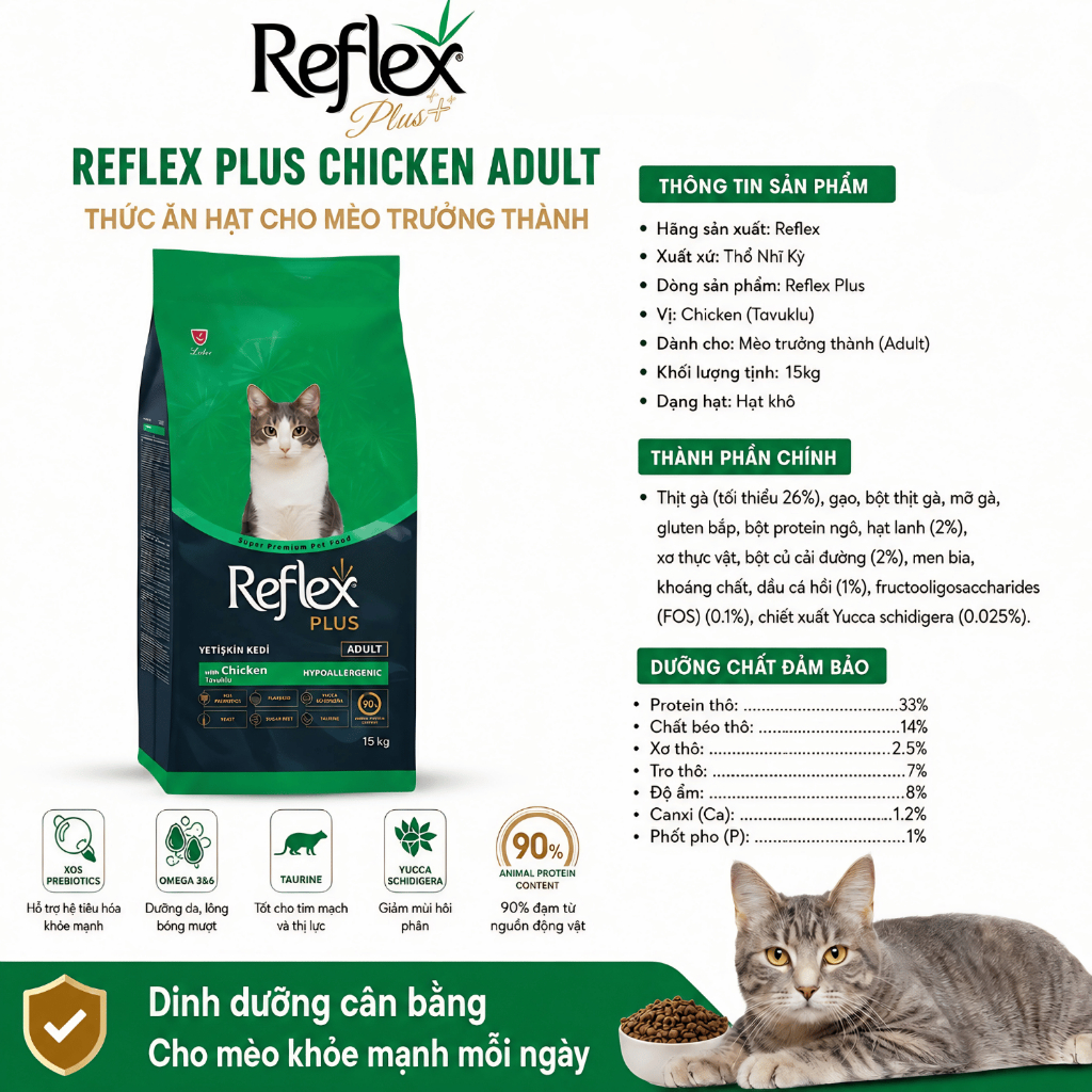 Hạt Mèo Reflex Plus Chicken Adult – Thức Ăn Hạt Cho Mèo Trưởng Thành Vị Gà, Hạt Mèo Reflex Plus Nhập