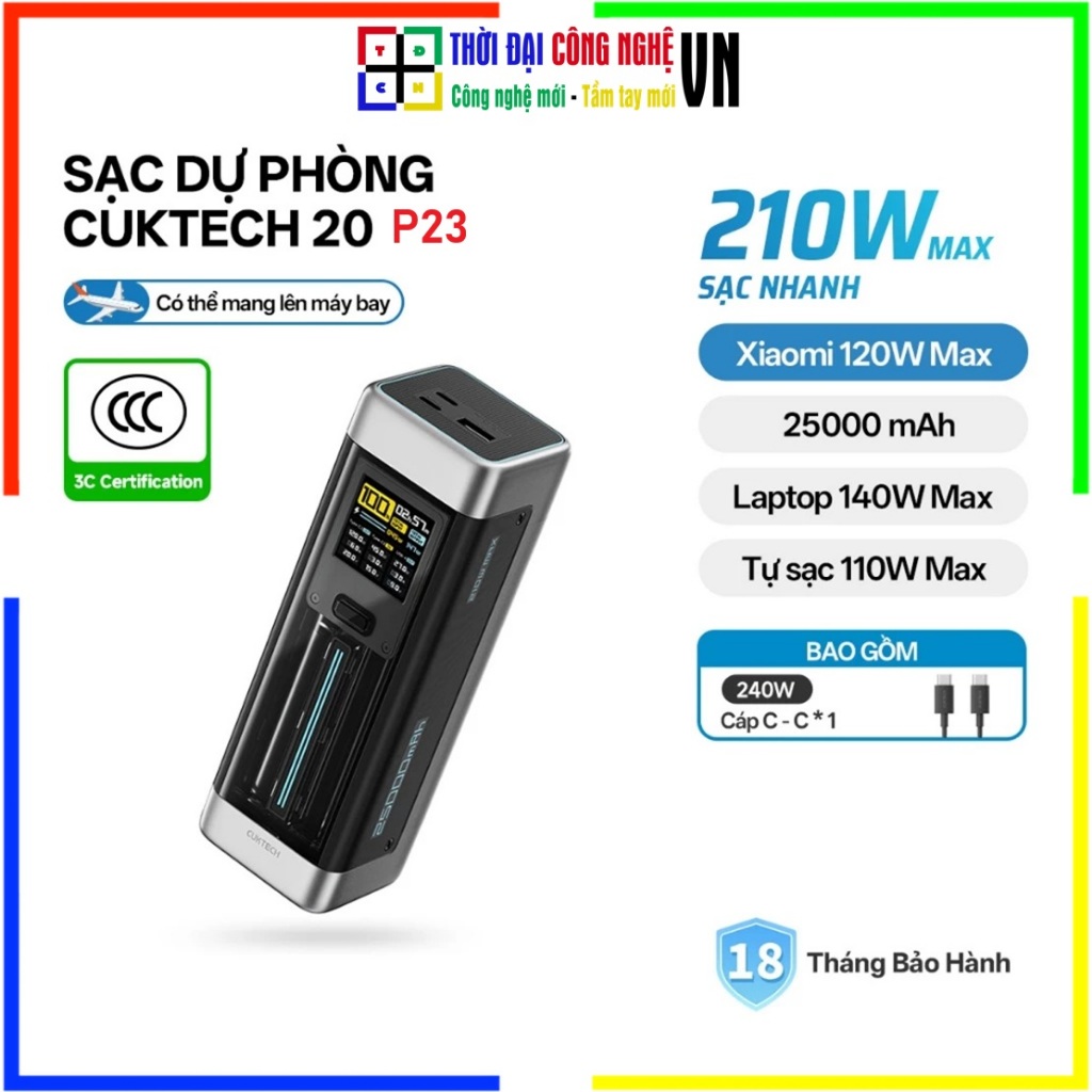 Pin Sạc Dự Phòng CUKTECH P23 25000mAh 210W Sạc Siêu Nhanh Màn Hình Màu - Bảo Hành 18 Tháng 1 Đổi 1 -