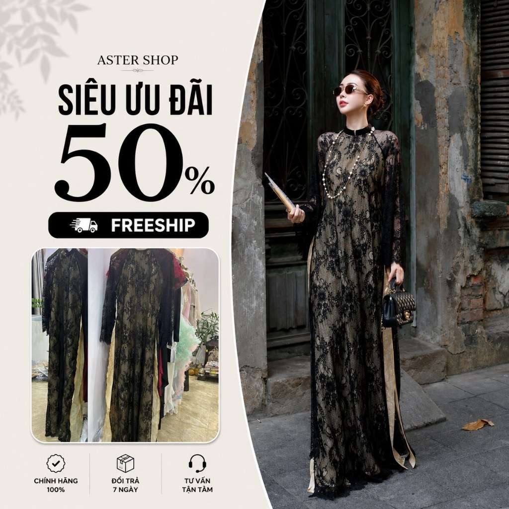 CHUẨN HÃNG. MẪU MẶC Set áo dài ren mềm đen lót gấm màu be quần ren ASTER SHOP