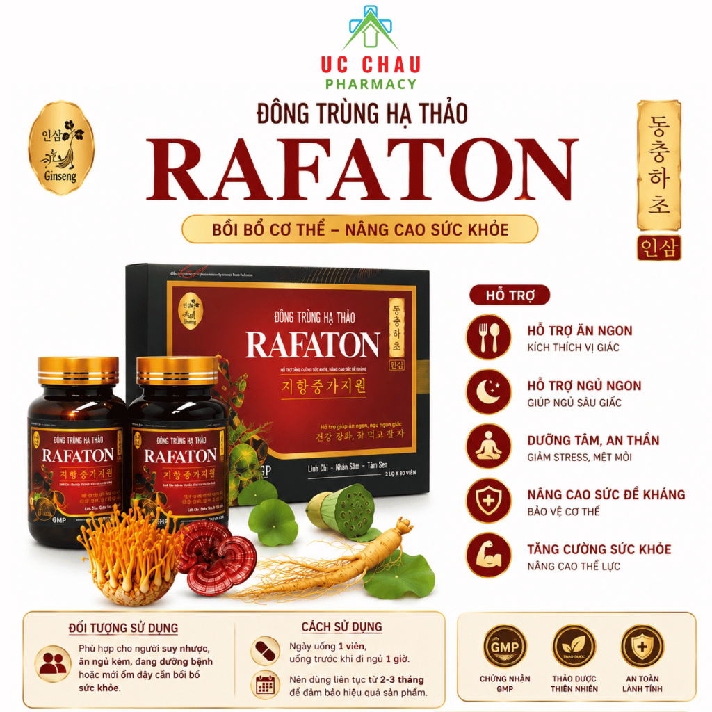 Đông Trùng Hạ Thảo Rafaton - Tăng Đề Kháng, Ngủ Ngon, Bồi Bổ Sức Khỏe Hộp 60 viên