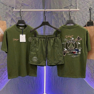 Bộ Cộc Hè Nam Pa^ri Lưng Nai kỳ New  Bản Màu Rêu Cotton Cao Cấp - Sét Bộ Cộc Hè Nam Nữ Logo Thêu Siêu Đẹp Giá rẻ