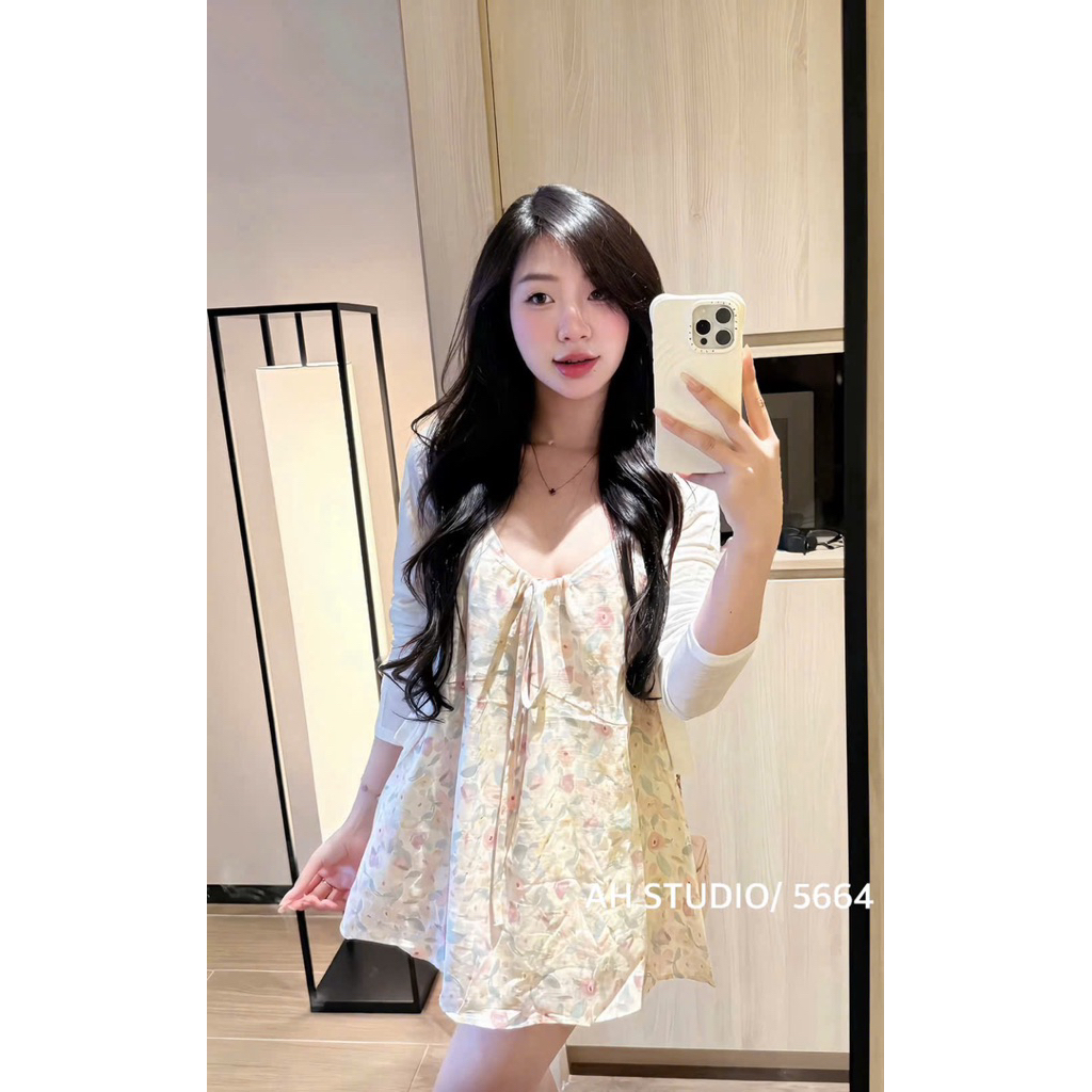 [Hàng sẵn] SET VÁY HAI DÂY BABYDOLL THÔ HOA HỒNG MIX ÁO CARDIGAN TRẮNG MỎNG NGỌT NGÀO | BigBuy360 - bigbuy360.vn