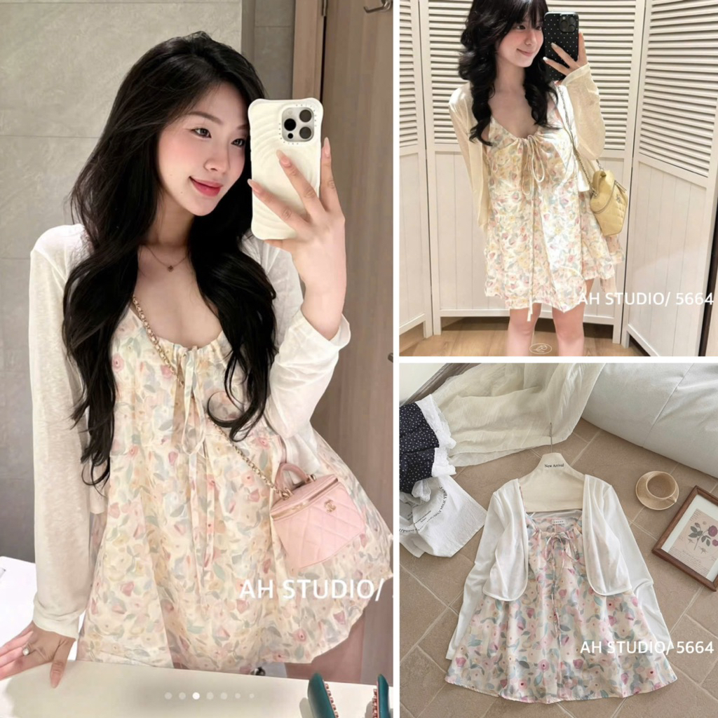 [Hàng sẵn] SET VÁY HAI DÂY BABYDOLL THÔ HOA HỒNG MIX ÁO CARDIGAN TRẮNG MỎNG NGỌT NGÀO | BigBuy360 - bigbuy360.vn