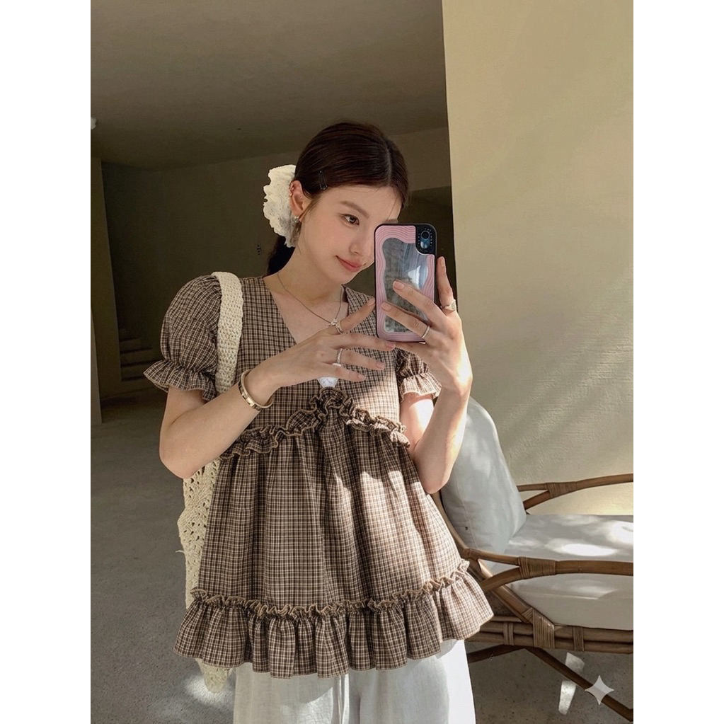Áo Babydoll Cổ Chữ V Kẻ Sọc Phối Ren [FREESHIP]🌸 Áo Bèo Nữ Kiểu Tay Phồng Phong Cách Ulzzang🌸 | BigBuy360 - bigbuy360.vn