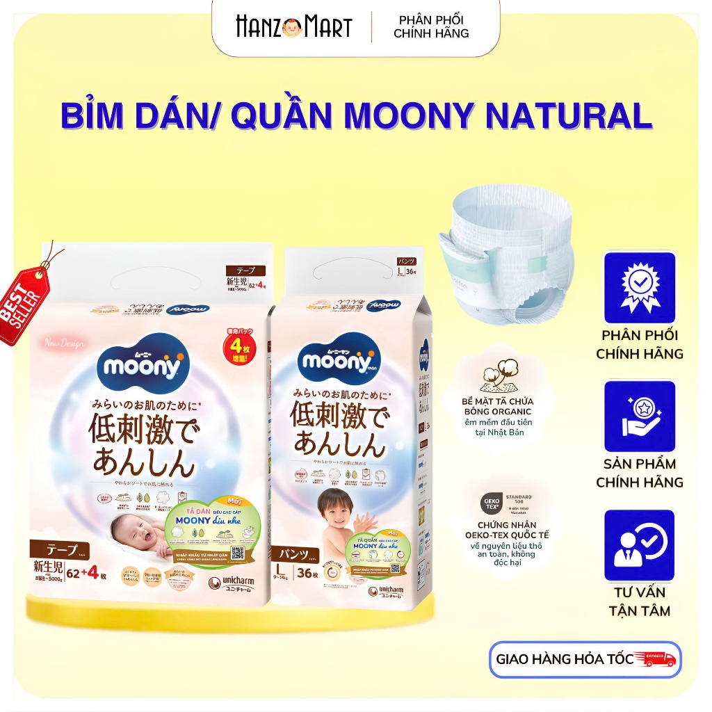 Bỉm Moony Natural Moony Natural Chính Hãng - Bỉm Moony Dán/Quần Đủ Size NB63/S58/M48/L36/XL32