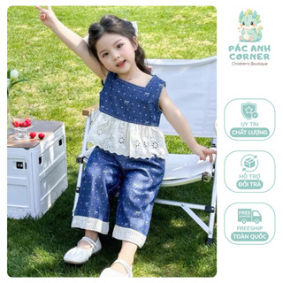 Set áo sát nách kèm quần chất liệu jeans cho bé gái họa tiết nơ đáng yêu