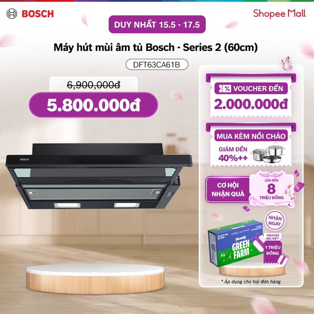15.05 - 17.05 | Voucher Shopee lên đến 3tr | Máy hút mùi âm tủ Bosch DFT63CA61B - Series 2 (60cm) - 