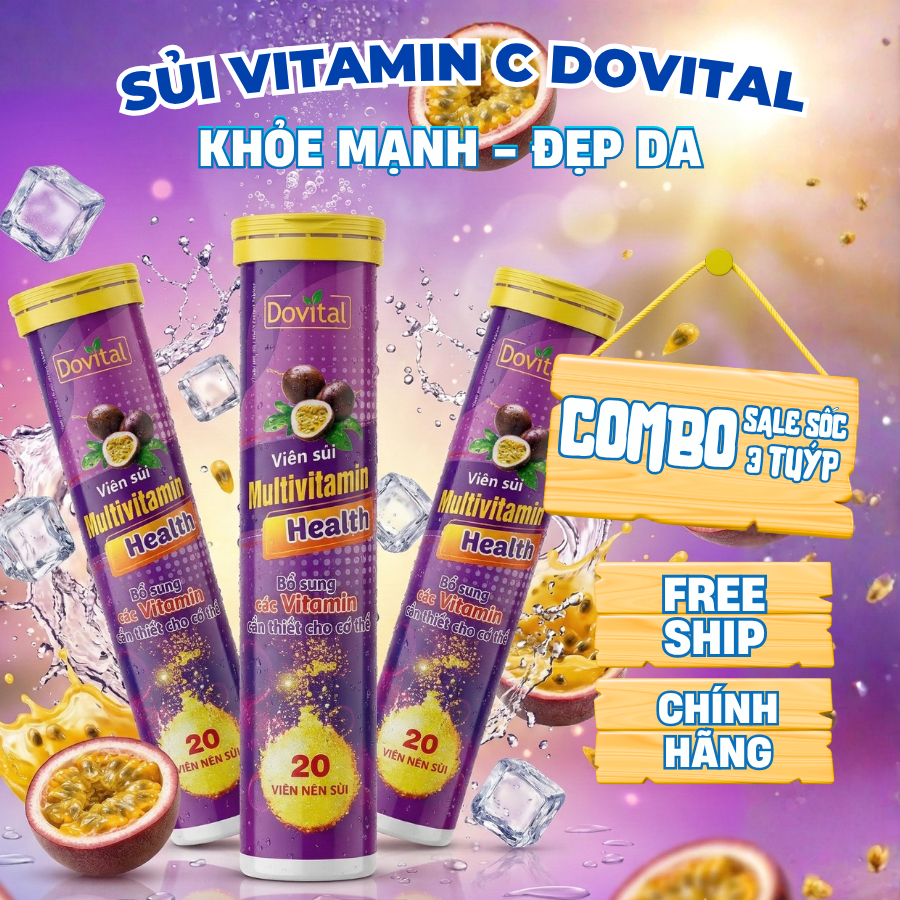 Combo 3 Tuýp vị Chanh Leo Sủi Multivitamin Health Dovital - Tpbvsk bổ sung Vitamin C