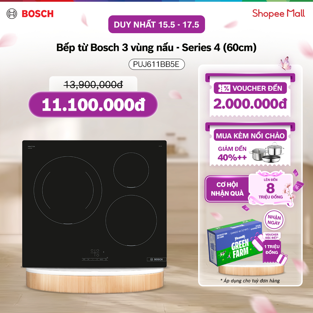 Bếp từ Bosch PUJ611BB5E 3 vùng nấu lắp âm, màu đen, 60cm