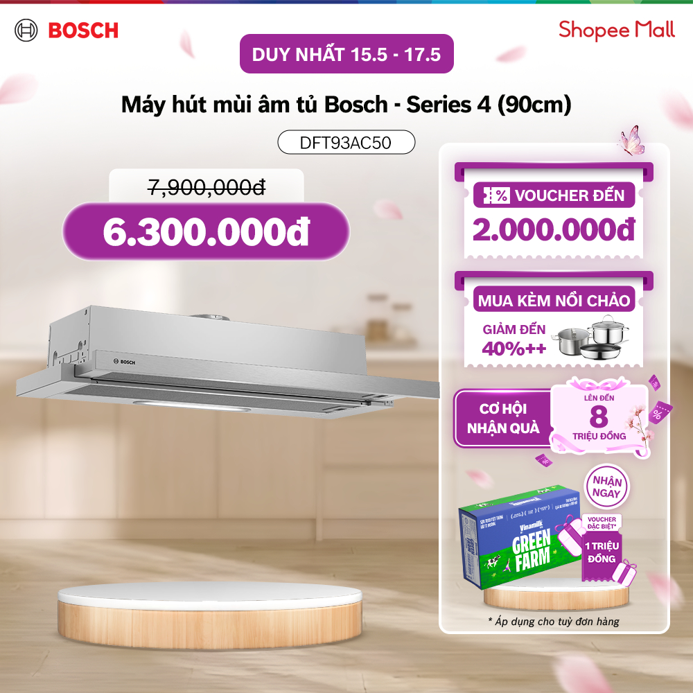15.05 - 17.05 | Voucher Shopee lên đến 3tr | Máy hút mùi âm tủ Bosch DFT93AC50- Series 4 (90cm) - Hà