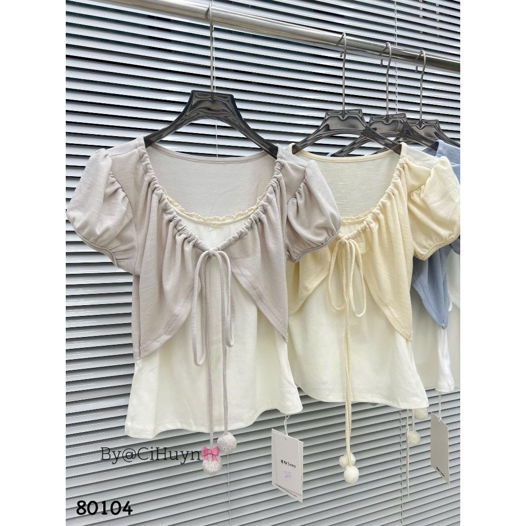 Áo Babytee Phối Bolero Tay Phồng Đính Pom Pom #80104
