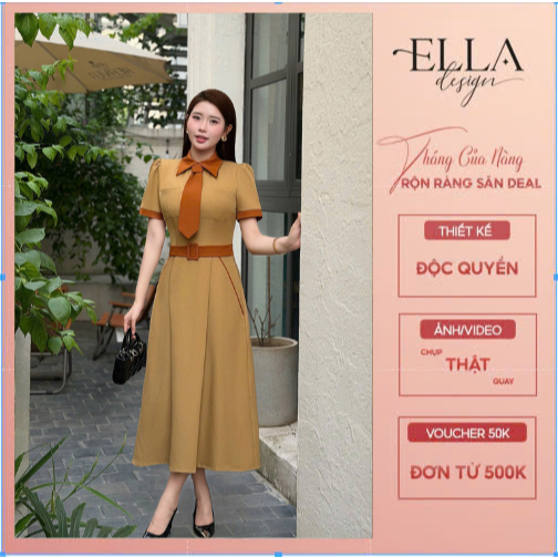 Váy Đầm Thiết Kế Ella Desgin cho nữ kiểu dáng váy midi xòe , tay ngắn , cổ bẻ phối cà vạt phù hợp mặ