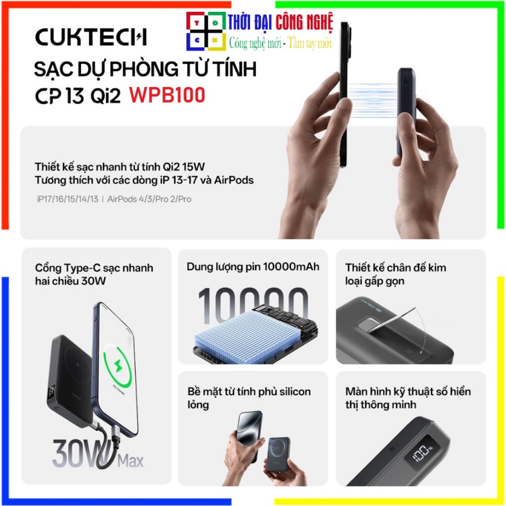 Pin Sạc Dự Phòng Không Dây Cuktech WPB100 10000mAh - Sạc Nhanh PD 30W - Bảo Hành 18 Tháng - Chính Hã