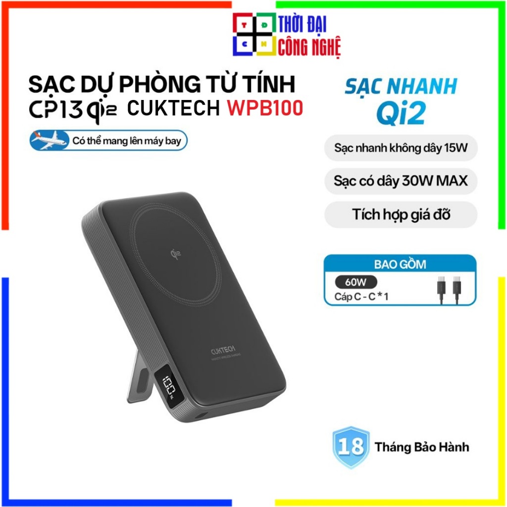 Pin Sạc Dự Phòng Không Dây CUKTECH WPB100 10000mAh - Sạc Nhanh 20W, Chuẩn Qi Tiện Lợi - Bảo Hành 18 