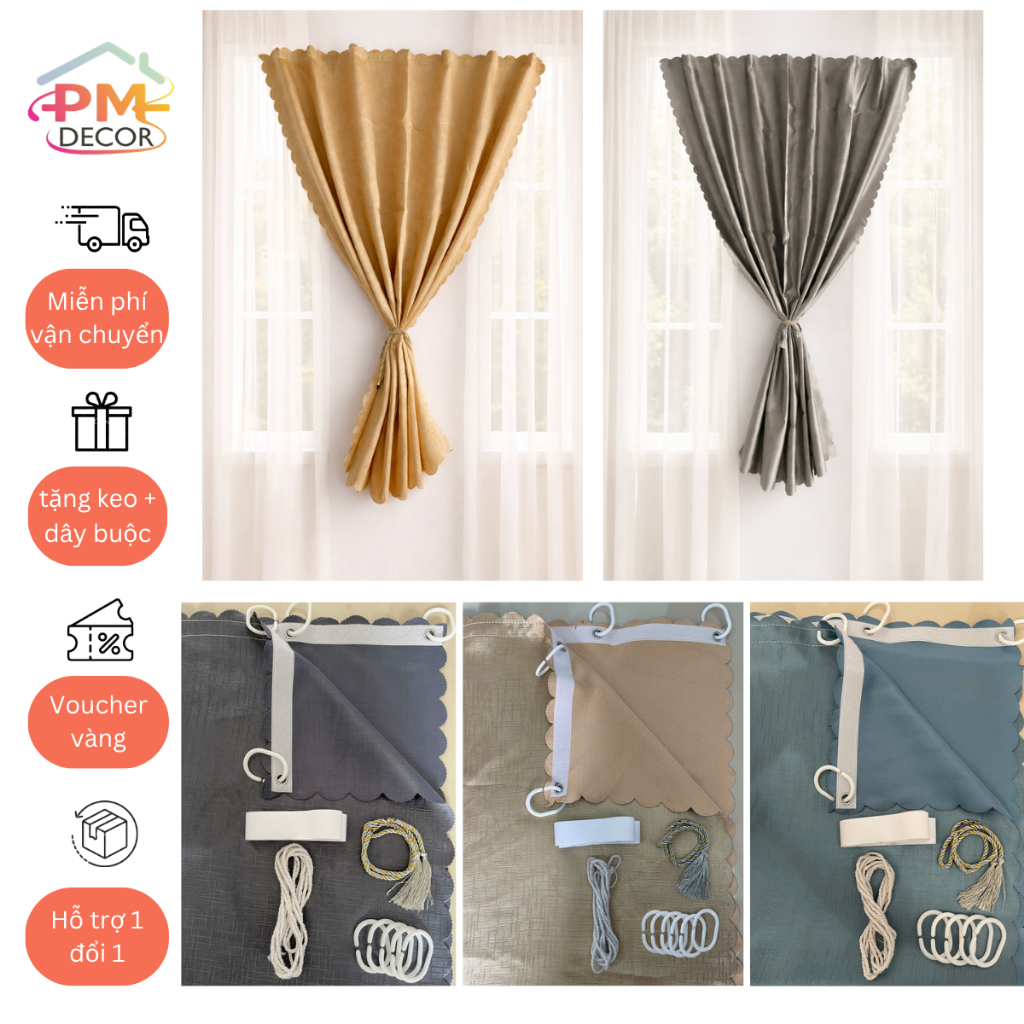 Rèm Cửa Trơn 2in1 Dán+Treo Tường, Rèm Cửa Sổ vải gấm cao cấp chống nắng tốt treo phòng ngủ-PM Decor