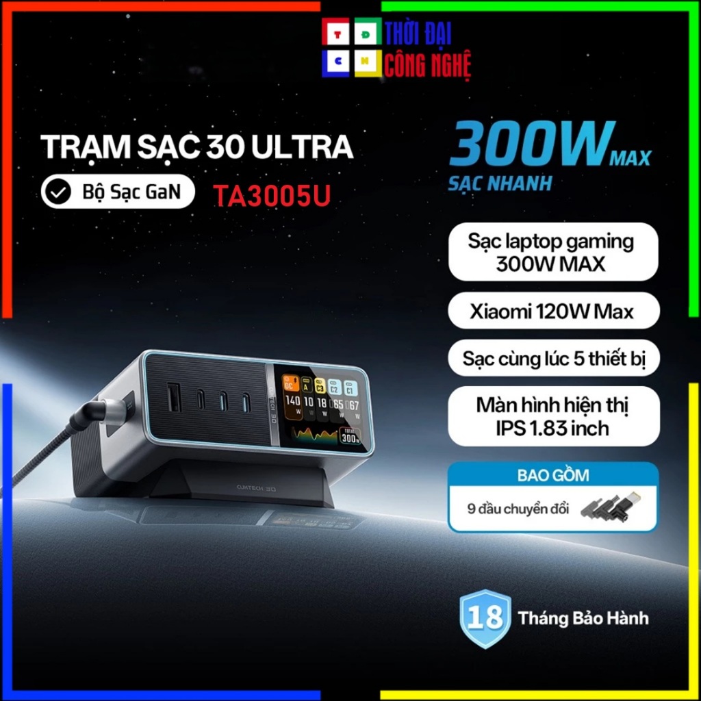 Trạm Sạc Để Bàn CUKTECH 30 Ultra TA3005U 300W - 5 Cổng Sạc Siêu Nhanh, Màn Hình Màu - Bảo Hành 18 Th