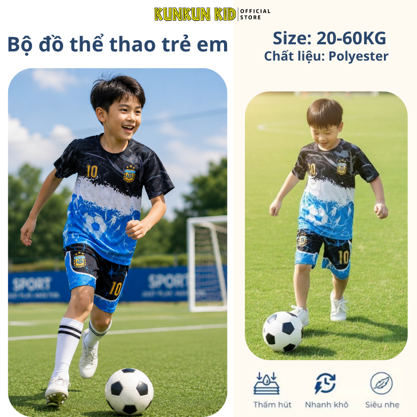 Đồ bộ thể thao bé trai in 3D Cầu Thủ số 10 Messi màu xanh đen - Đá bạn, bóng rổ TP1291 - Kunkun Kids