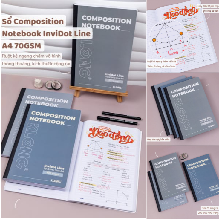 KLONG - Tập Vở Sổ  A4 Kẻ Ngang May Dán Gáy 300 Trang - 400 Trang ♥ Composition Notebook InviDot Line