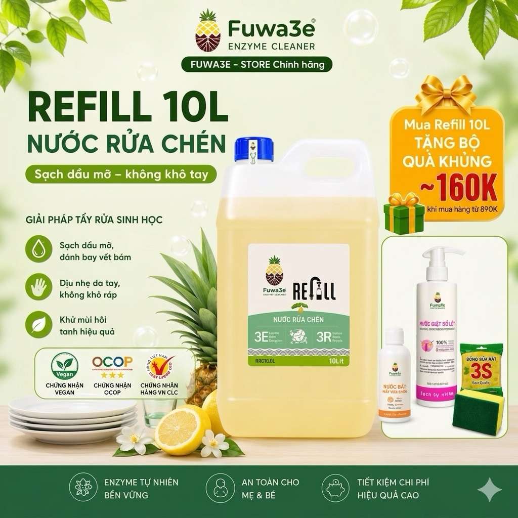 Fuwa3e Refill Can 10L-Nước rửa chén Fuwa3E - Enzyme Sinh Học lên men từ dứa an toàn cho da nhạy cảm