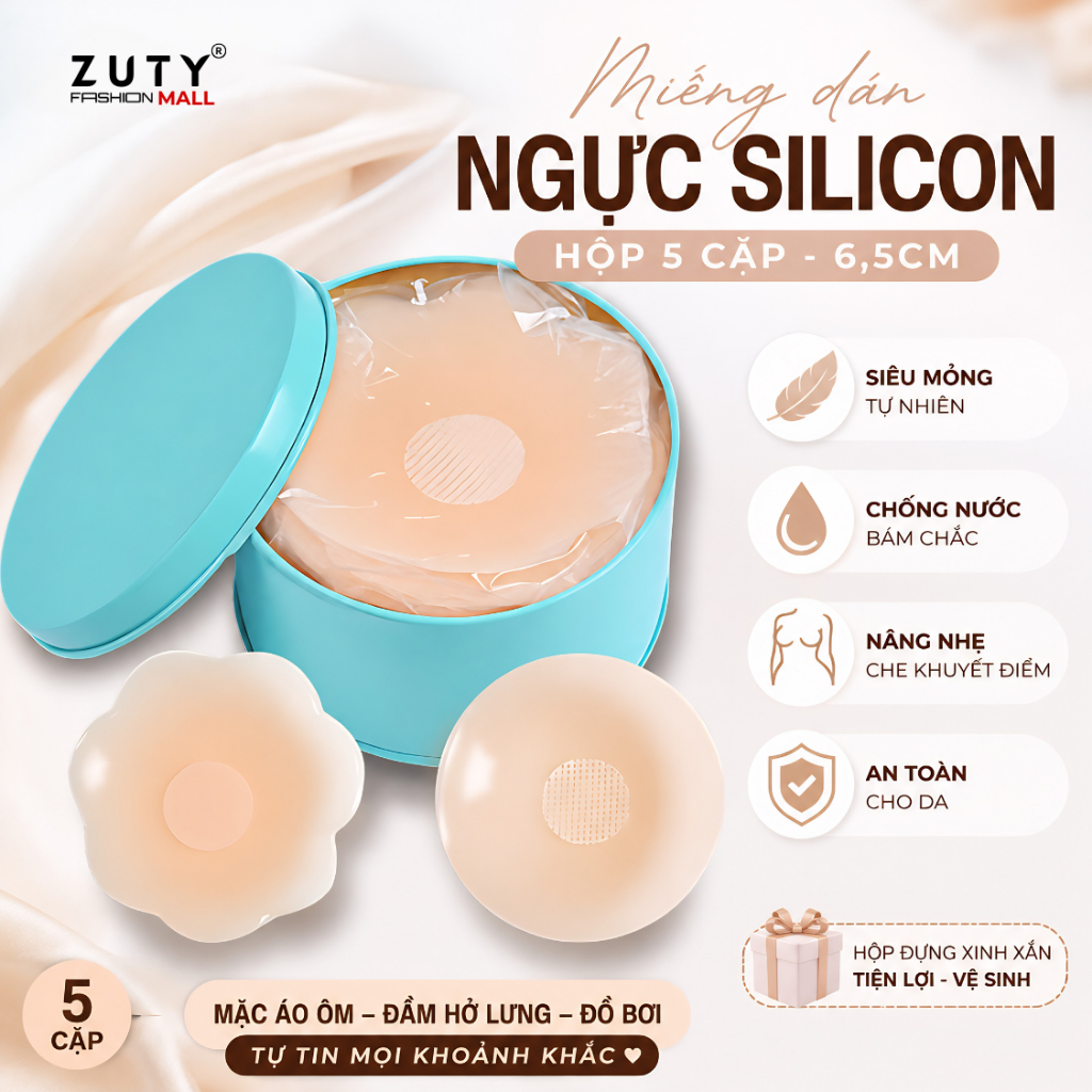 Miếng dán ngực silicon ZUTY EVA BRA – Hộp 5 cặp (Hoa & Tròn) – Size 6.5cm –…