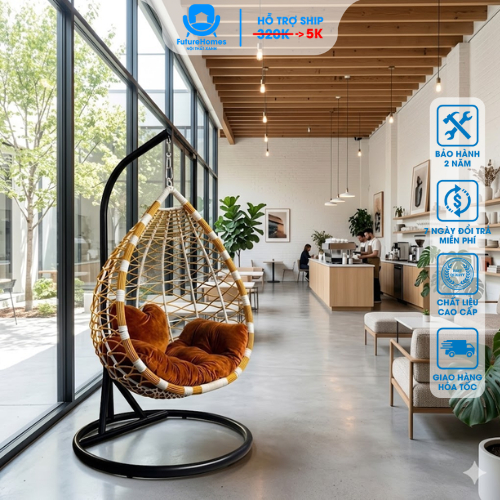 CX06 -Xích Đu Giọt Nước Đơn Mây Nhựa -Đan Lưới Mắt Xích Mix Vàng- Decor Sân Vườn Khách Sạn- FutureHo