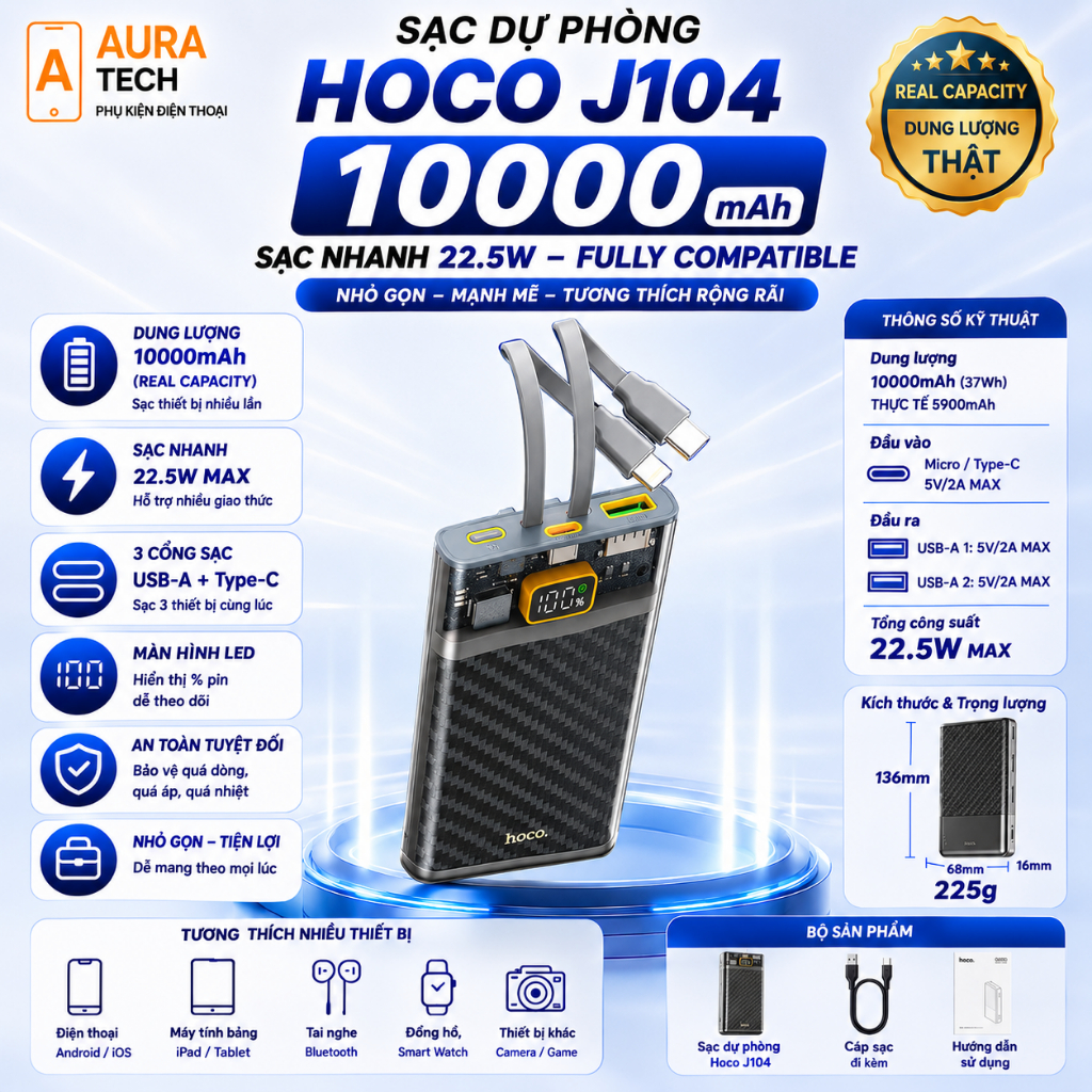 PIN SẠC DỰ PHÒNG HOCO J104 - 10000mAh | SẠC NHANH 22.5W PD QC3.0 | TÍCH HỢP DÂY SẠC