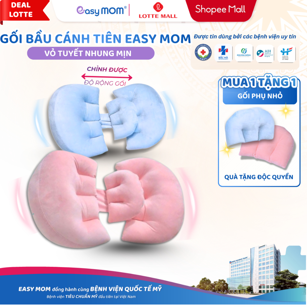 [DEAL LOTTE] Gối bầu cánh tiên Easy MOM 3 cánh cao cấp vải nhung giúp kê bụng bầu giảm đau lưng