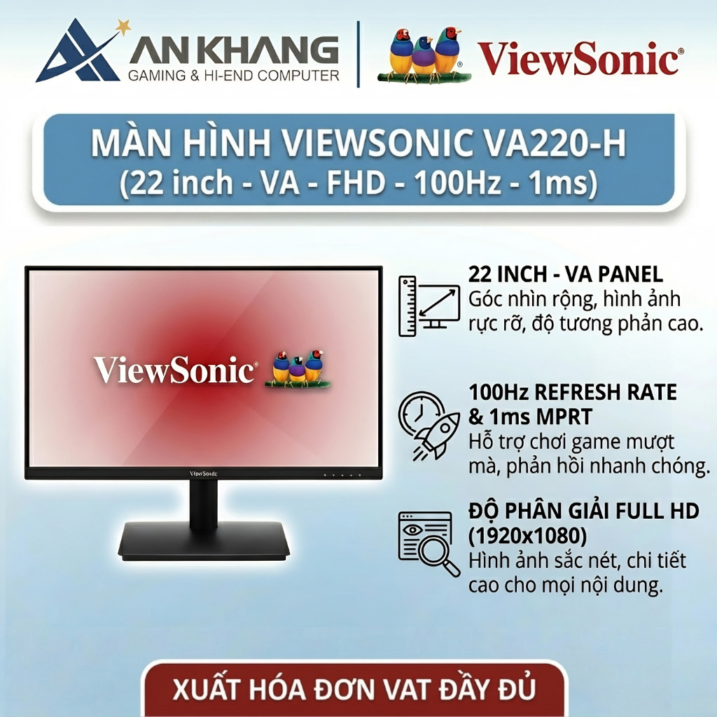Màn Hình Máy Tính ViewSonic VA220-H 22 Inch FHD (100Hz/1ms/Tấm nền VA/Bảo Vệ Mắt) Chơi Game,Văn Phòn