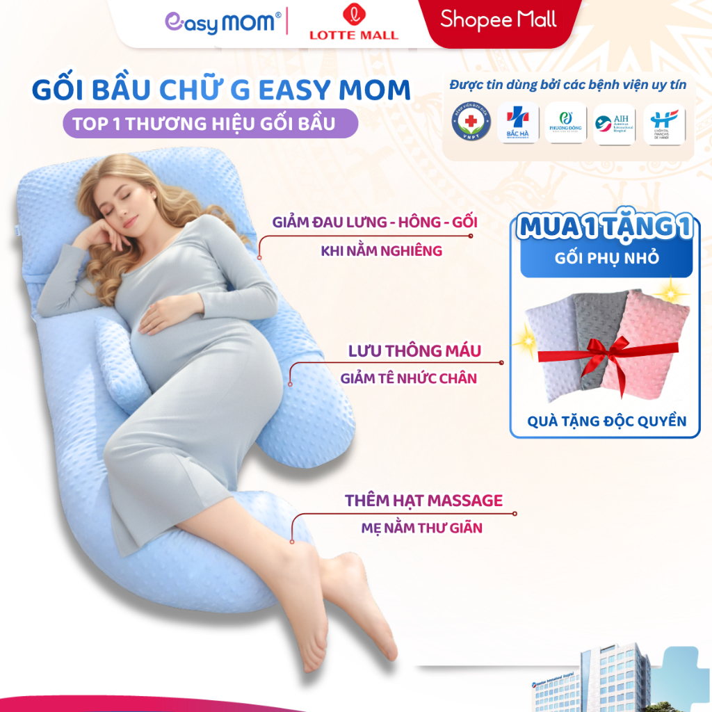 Gối Bầu Chữ G Easy MOM Nhiều Màu Vải Nhung Mềm Mịn Tặng Kèm Gối Phụ Kê Lưng Bụng