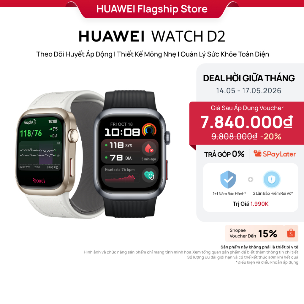 Đồng Hồ Thông Minh HUAWEI WATCH D2 | Theo Dõi Huyết Áp Động| Thiết Kế Mỏng Nhẹ | Quản Lý Sức Khỏe To