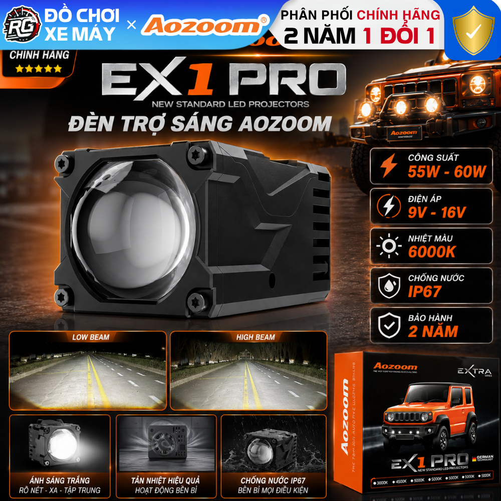 Đèn Trợ Sáng Aozoom Ex1 Pro New 2026, Công Suât 60W, Nhiệt Màu 6000K, Chống Nước IP67 Bảo Hành 2 Năm