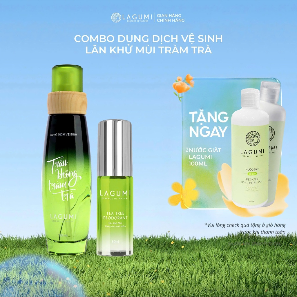 Combo Dung Dịch Vệ Sinh Trầu Không Tràm Trà Và Lăn Khử Mùi Khô Thoáng Không Bết Dính Ố Vàng LAGUMI
