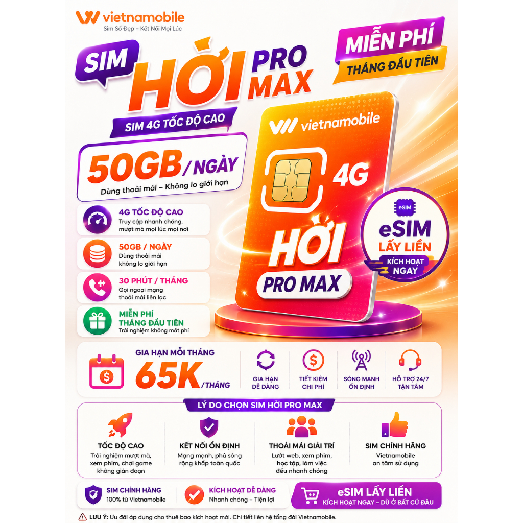 Sim 4G 50GB/Ngày Vietnamobile – Hời Pro Max – eSIM Lấy Liền, Miễn Phí Tháng Đầu