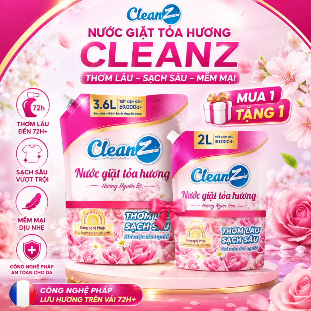 [Mua 1 tặng 1] Nước giặt xả CleanZ 3.6L tặng túi 2L nước giặt sạch sâu lưu hương lâu bảo vệ màu công
