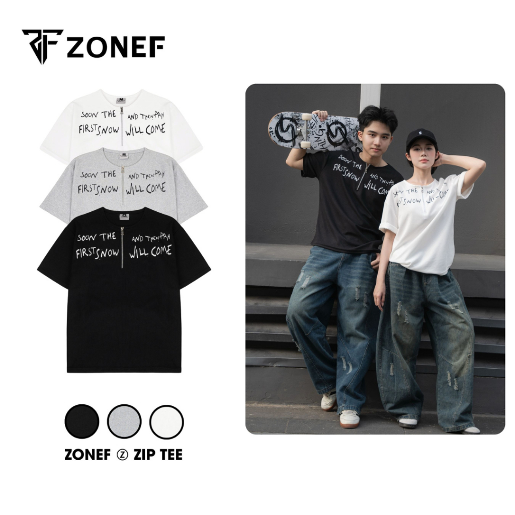 Áo Thun Cổ Zip In Chữ By ZONEF STUDIO, Áo Thun Unisex Vải Cotton Tổ Ong Thoáng Mát Phong Cách Trẻ Tr