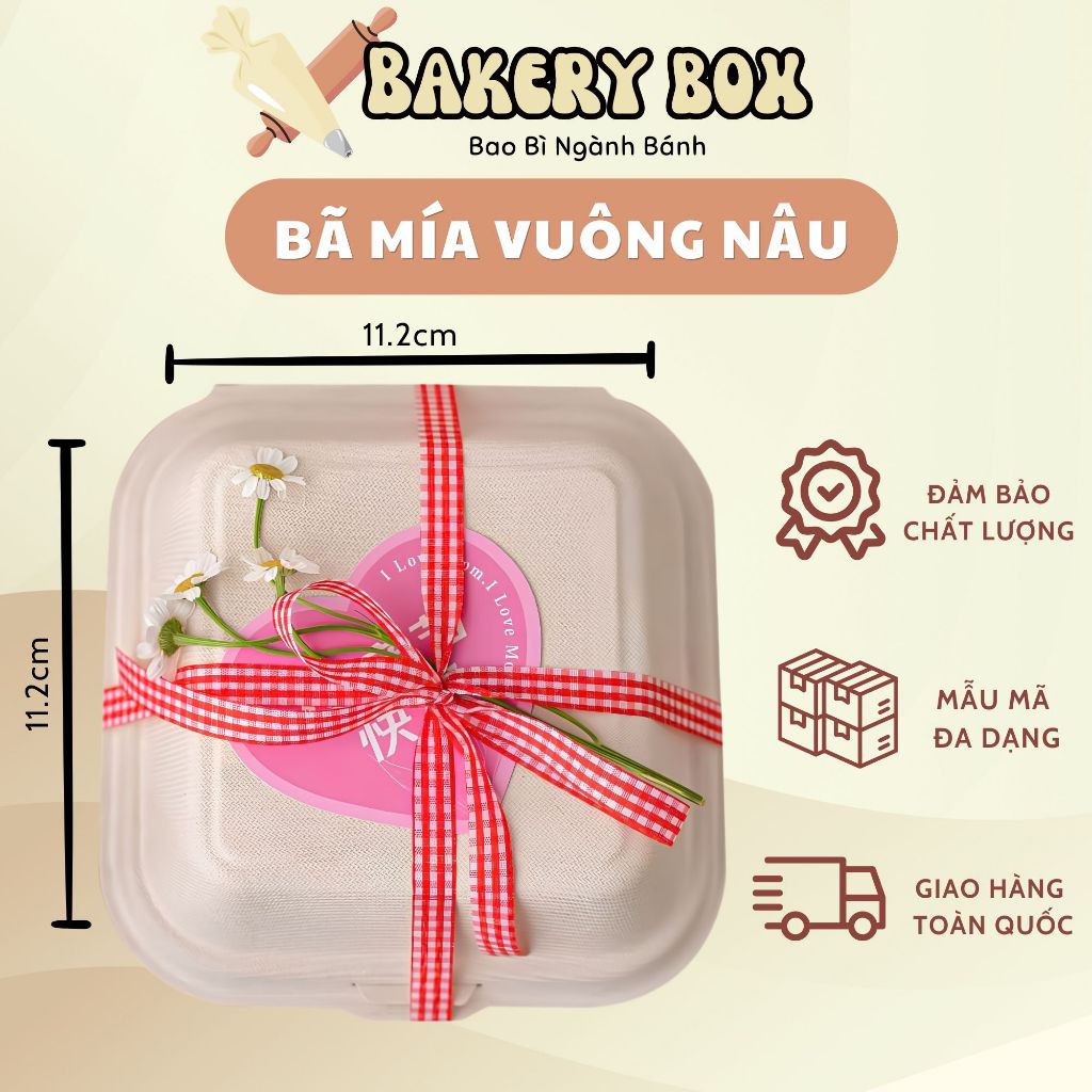 100 Hộp Bã Mía Vuông Màu Nâu Đựng Bento Cake, Bánh Kem 10cm