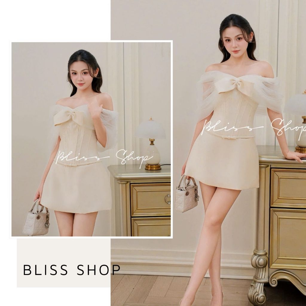 [Thiết Kế Cao Cấp] Đầm Váy Trễ Vai Họa Tiết Nơ Dáng Ngắn Tiểu Thư Sang Chảnh Bliss Shop - V563