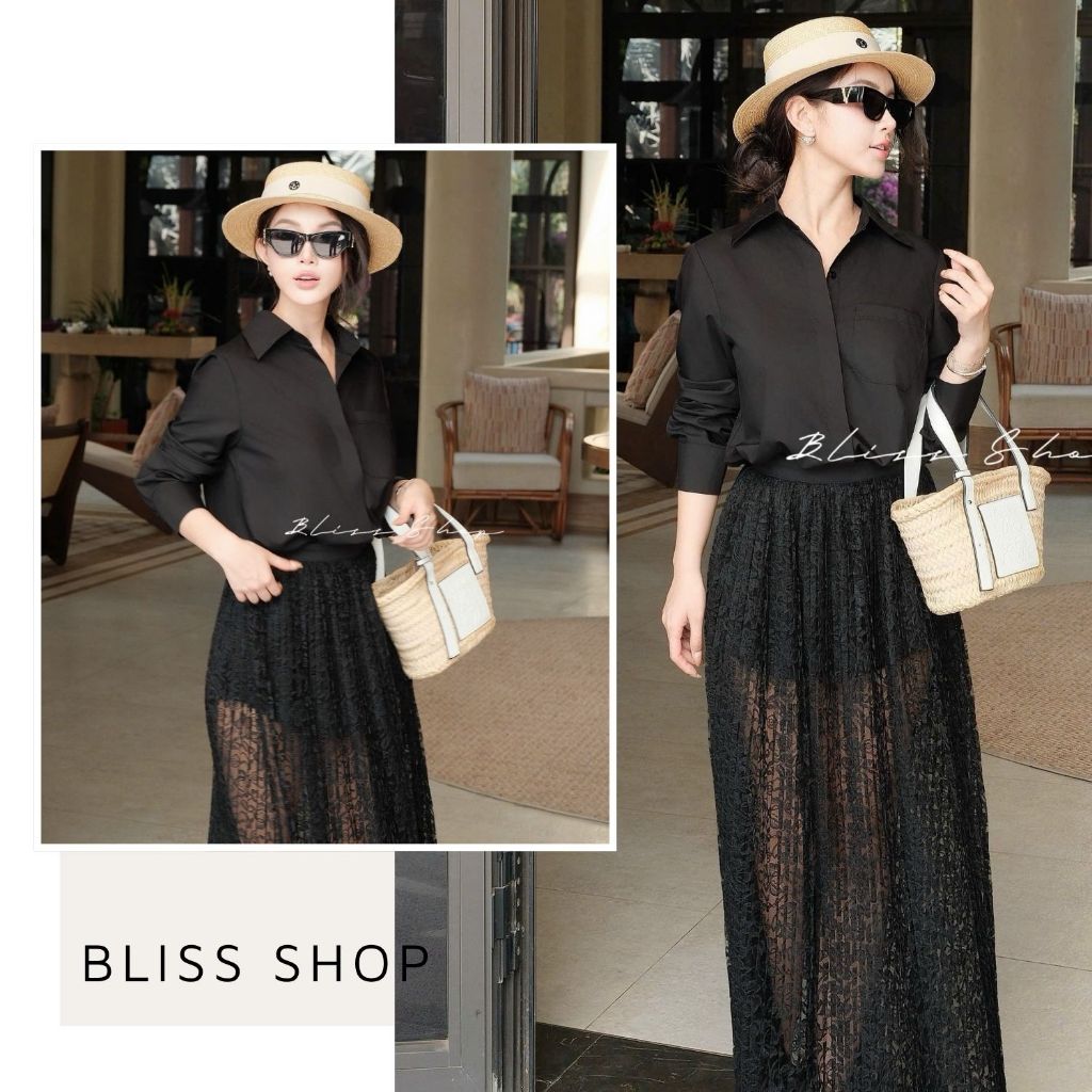 [Summer 2026] Set Áo Sơ Mi Tay Dài Phối Chân Váy Ren Dáng Dài Phù Hợp Đi Du Lịch Bliss Shop - S828