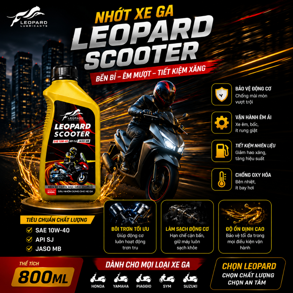 Nhớt Xe Máy, Nhớt Xe Tay Ga  LEOPARD 10W40 SJ 4 Thì, Tăng Tốc, Bảo Vệ Động Cơ Dung Tích 800ml LE00208/L6