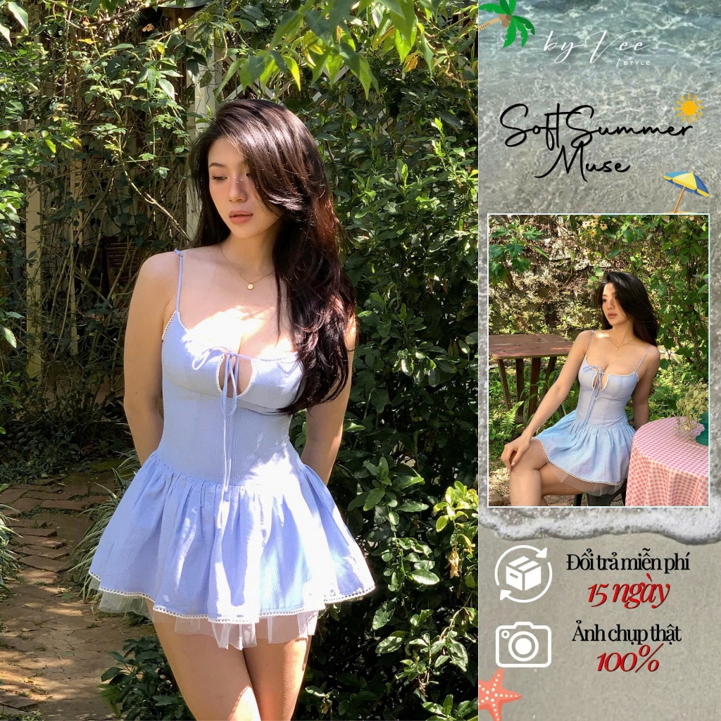 Đầm 2 dây xanh dương blue Sky Tie Dress - Byvee, Đầm đi biển dáng ngắn tùng xòe đi chơi | BigBuy360 - bigbuy360.vn