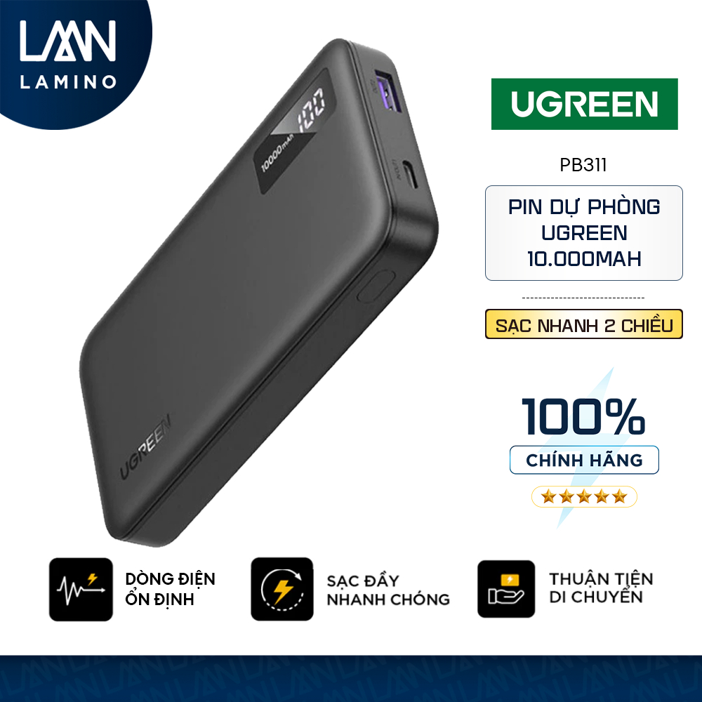 Sạc dự phòng Ugreen 10000mAh Slim sạc nhanh 2 chiều, PD 20W, PD 3.0, LED hiển thị, PB311 - Chính Hãn