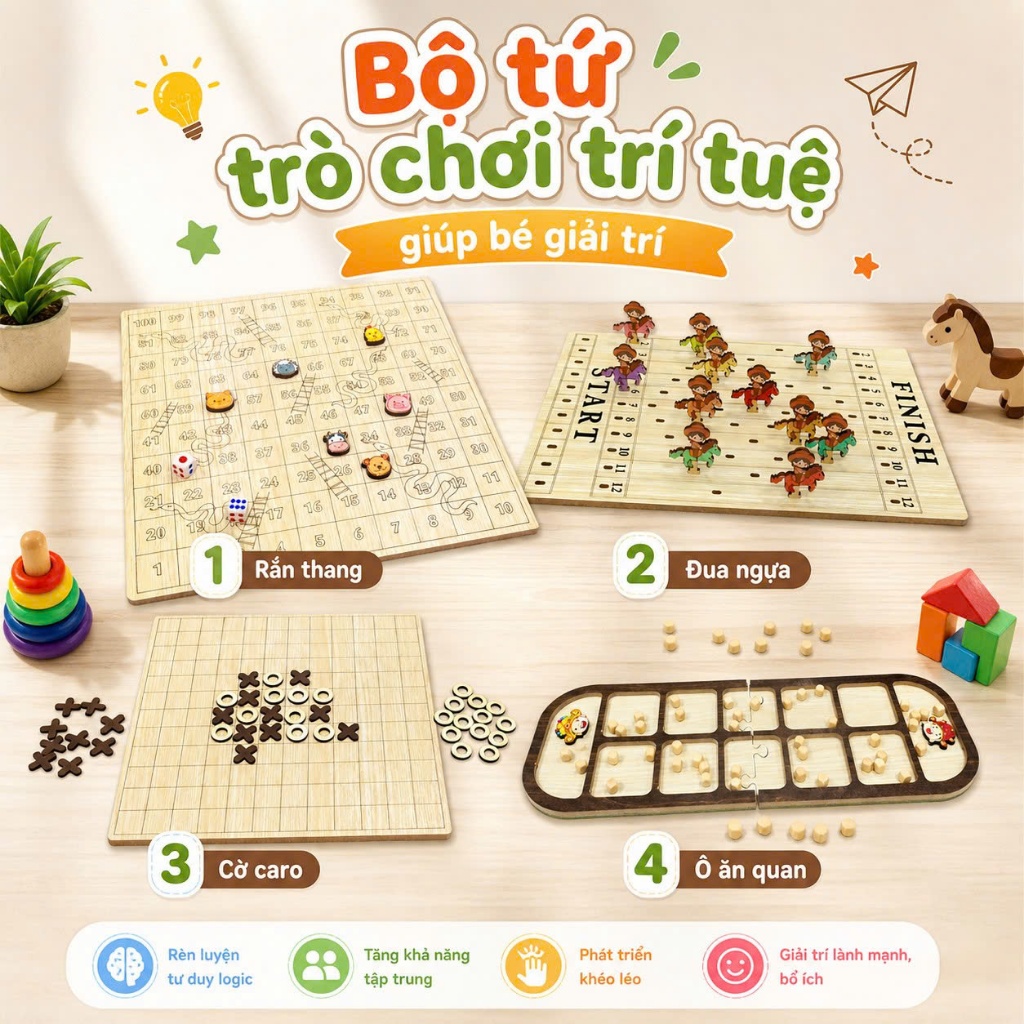 Bộ Tứ Trò Chơi Dân Gian - Ô Ăn Quan - Cờ Caro - Rắn Và Thang - Đua Ngựa