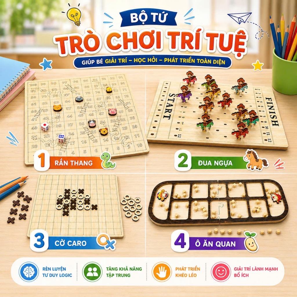 Bộ Tứ Trò Chơi Trí Tuệ - Trò Chơi Dân Gian Bách Mộc - Cờ Caro - Ô Ăn Quan…
