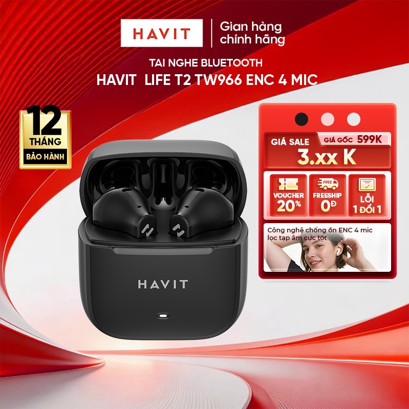 Tai Nghe Bluetooth TWS Havit TW966, 4 Mic ENC Chống Ồn, Bluetooth 6.0, Pin 25H, Bass Mạnh | BigBuy360 - bigbuy360.vn