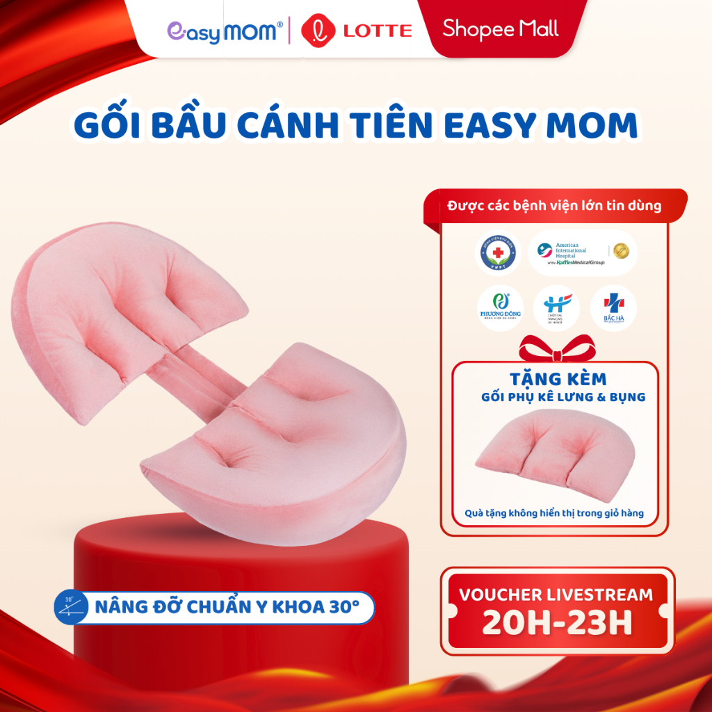 Gối Bầu Cánh Tiên Easy MOM Vỏ Sợi Tre, Vỏ Nhung Nâng Đỡ Bụng Bầu Chuẩn Y Khoa