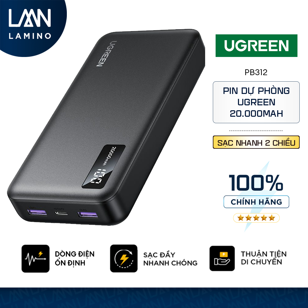 Sạc dự phòng UGREEN 20000mAh sạc nhanh hai chiều | PD20W | 3 cổng PD 3.0 | Chính Hãng PB312