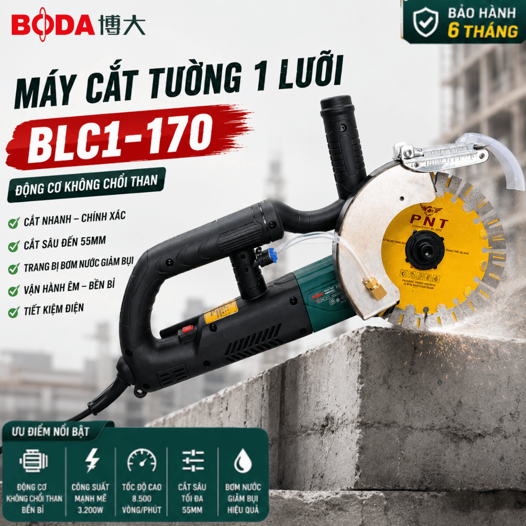 Máy Cắt Rãnh Tường Boda Không Chổi Than  BLC1 - 170 Công Suất Lớn  3200W Tặng Kèm 1 Bơm và 1 Lưỡi
