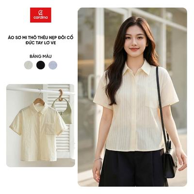 Áo sơ mi nữ CARDINA chất thô thêu nẹp đôi cổ đức tay lơ ve 6ASC20