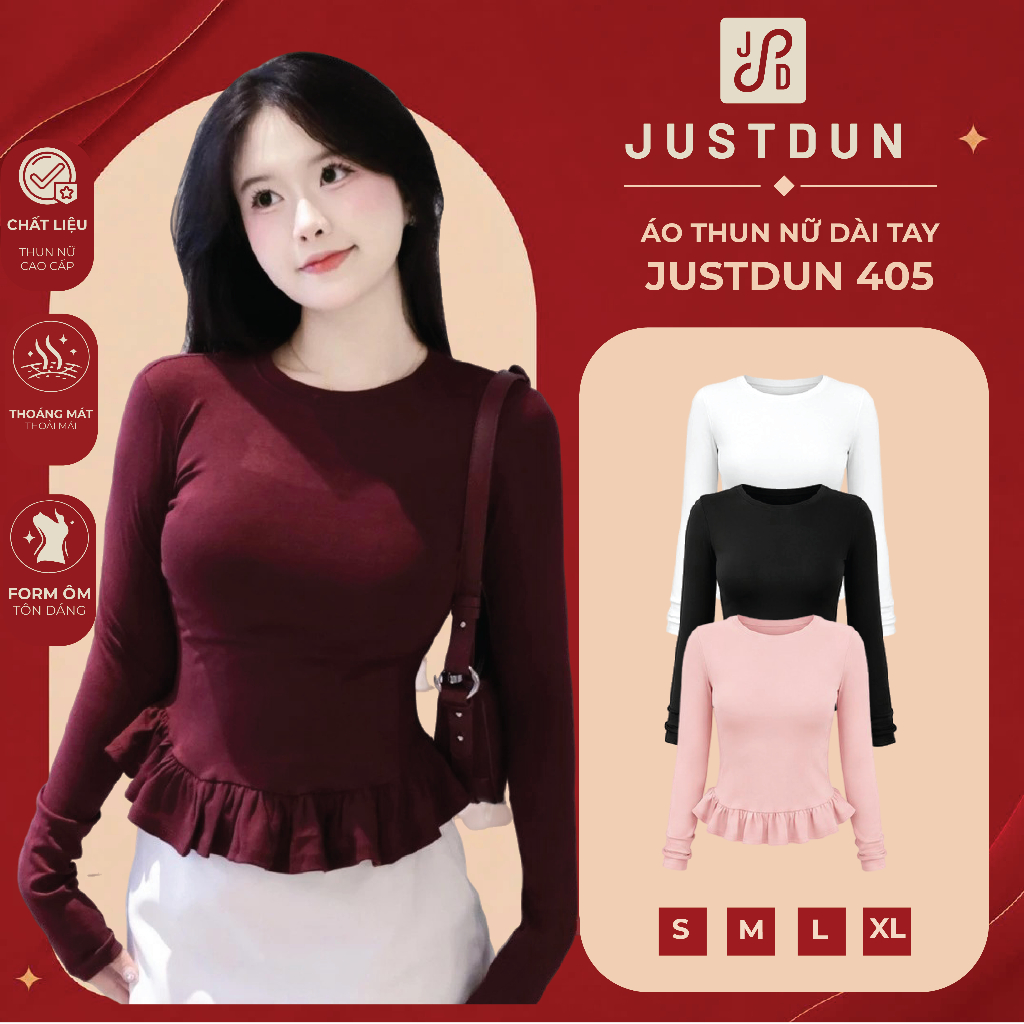 Áo Thun Nữ Dài Tay Ôm Body JUSTDUN 405 - Phối Viền Bèo Xinh, Cotton Mịn Cao Cấp, Tôn Dáng | BigBuy360 - bigbuy360.vn